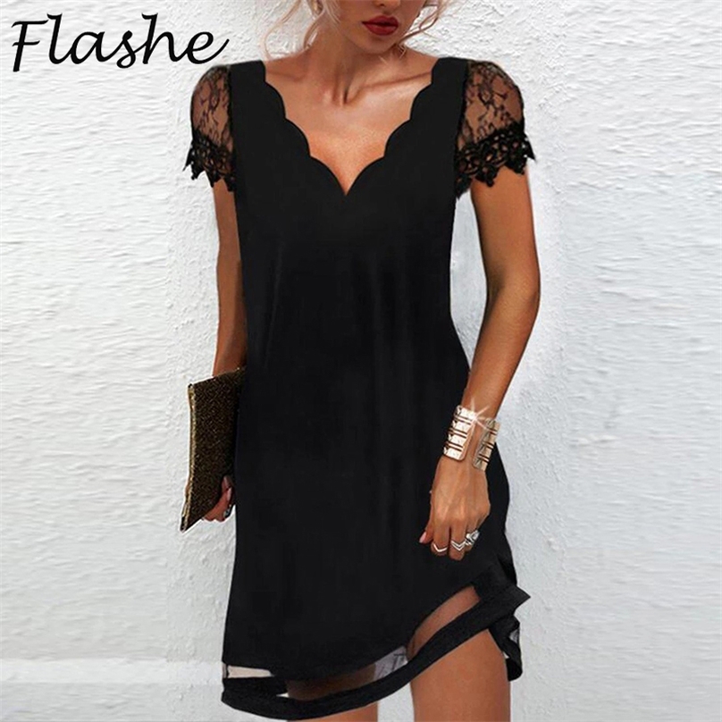 Robes élégantes pour femmes V manches en dentelle couche courte printemps été sexy dames manches noires 220611