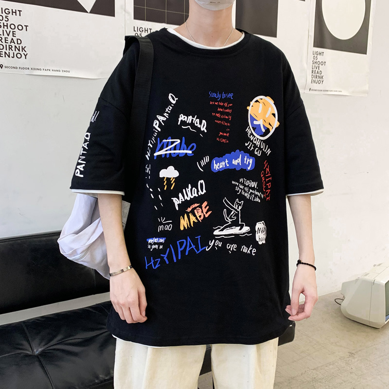 

Summer New Arrival Men's T Shirt Fashion Graffiti Short Sleeve O-Neck T Shirts Casual Print Hip Hop Top Tees M-5XL, Black