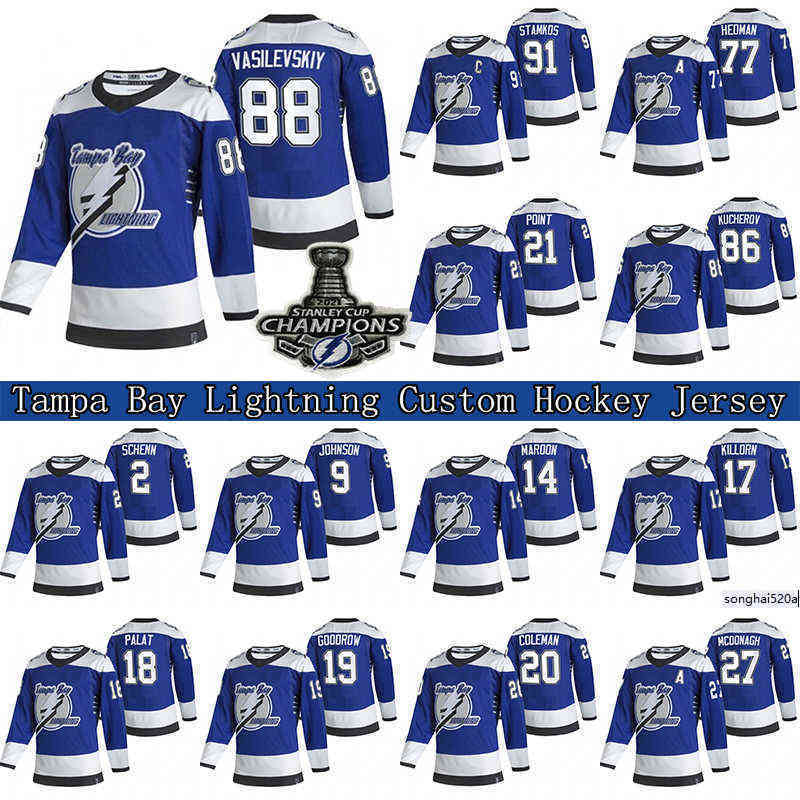 

86 Nikita Kucherov Custom Tampa Bay Lightning 2021 Reverse Retro Jersey 88 Andrei Vasilevskiy 77 Stanley Cup Hockey Jerseys nhl' Jerseys, Blue no pacth