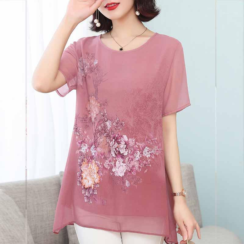 

Women's Blouses & Shirts 3XL 4XL Plus Size Blouse Women Tops 2022 Print Chiffon Shirt Short Sleeve Blusas D236, Pink
