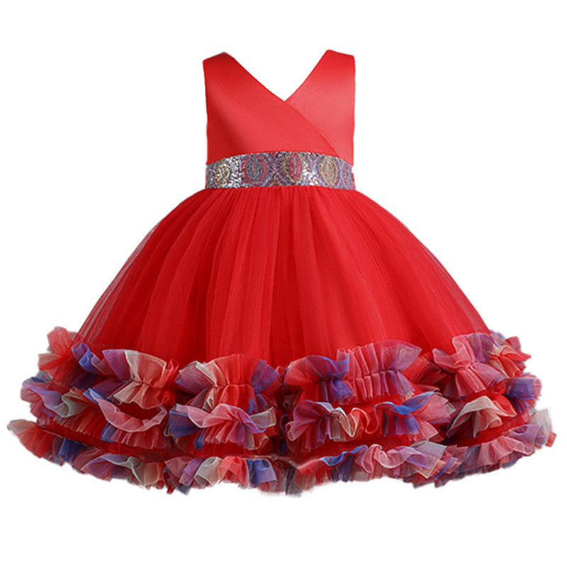 

Baby Girls Dress Lace Applique First Communion Clothing V-neck Party Wedding Elegant Girl Princess Dress Kids Vestidos, Red
