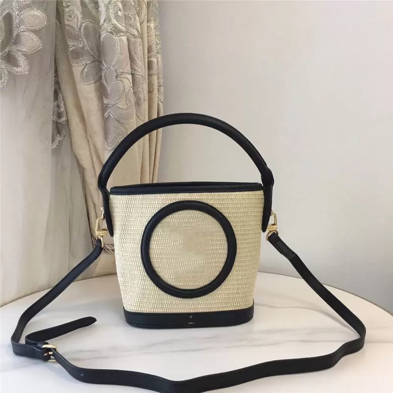 

Designer luxury handbags purse tote SUNJACK Bucket Raffia Palm Leather Noir Natural Black Shoulder bag women totes