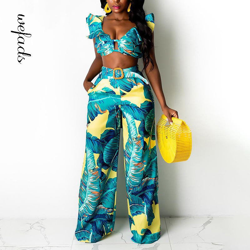 

Wefads Woman Two-piece Suit Printed Lotus Leaf Sleeve Buckle Design Set Summer Holiday Girl's Jumpsuit Street Fashion Outfit Set 220318, Blue