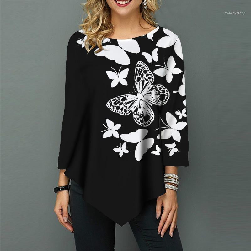 

Women's T-Shirt Autumn Clothing Butterfly Printed 3/4 Sleeve Tee Shirts Fashion Casual Elegant Plus Size T Shirt Femme Tunic Ladies Tops