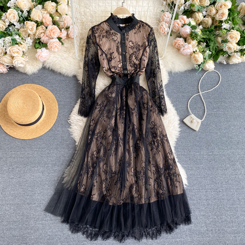 

Aibeautyer Spring Autumn Vintage Lace Hollow Out Dress A Line O Neck Floral Print High Waist Mid Calf Women Dresses 220418, Black