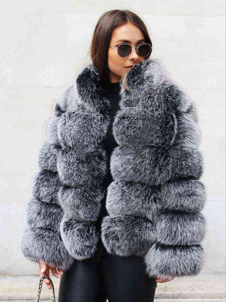 

Leather Women Coat 100% Natural Real Fur Fox Quality Full Stand Collar Clothing J220719, Natural white powder
