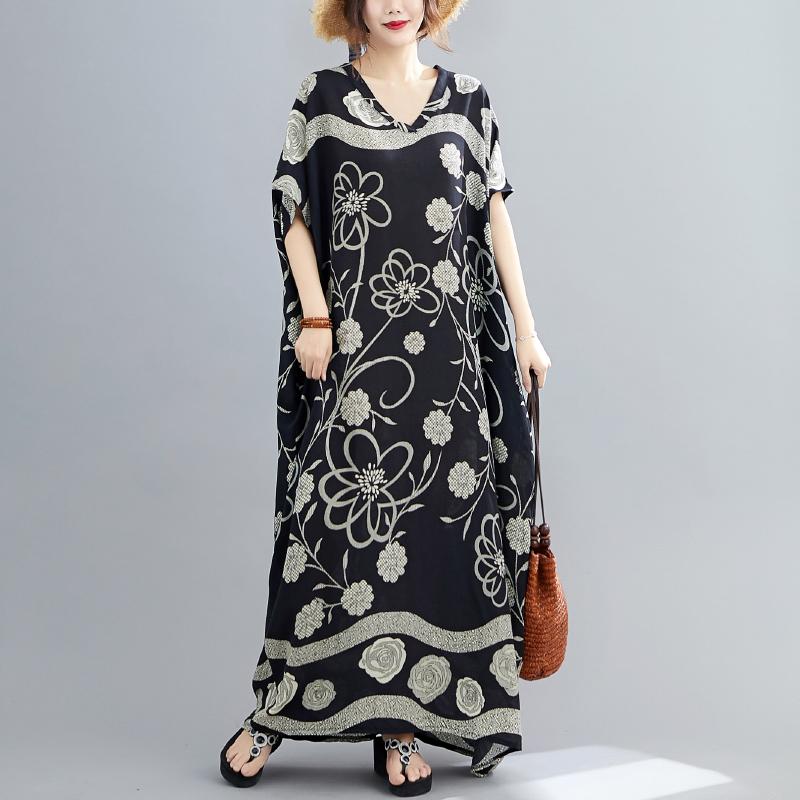

Plus Size Dresses BIG Summer Women Fashion Elegant V Neck Print Tops Ladies Female Large Long Short Sleeve Loose Beach Casual Dress, Black
