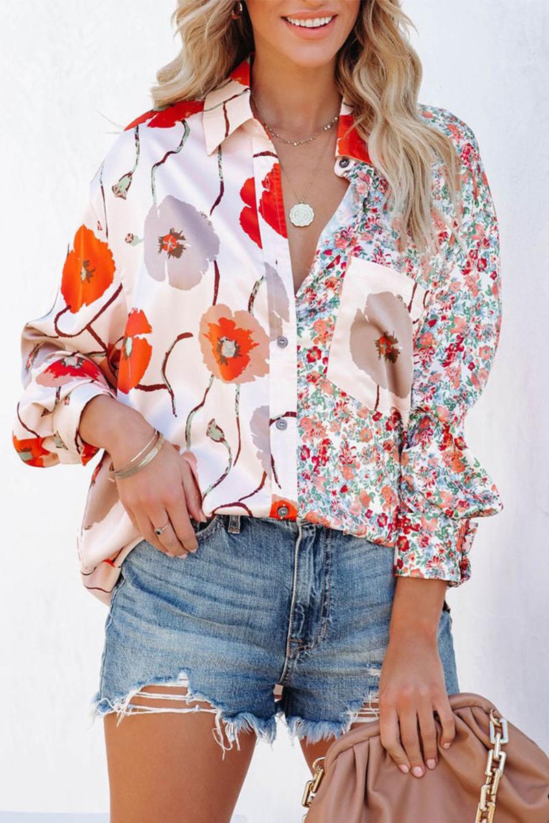 

Women' Blouses & Shirts Red Floral Patchwork Buttoned Shirt With Pocket For WomenWomen