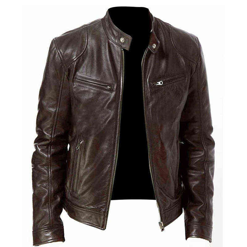 

men's biker jacket multi-pocket stand-up collar PU jacket fashion European and American style men's leather jacket S-5XL T220728, Auburn