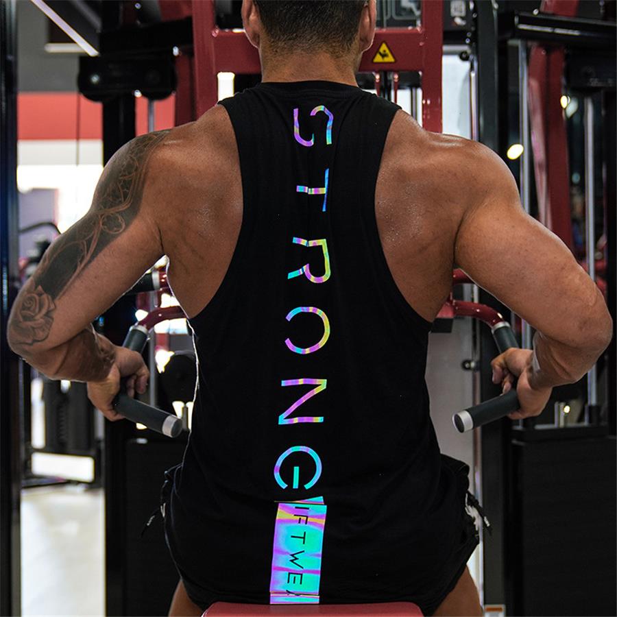 

Summer Men Bodybuilding Sports Tank Tops Gym Workout Fitness Cotton Sleeveless Running Fashion Casual Reflective Vest, White