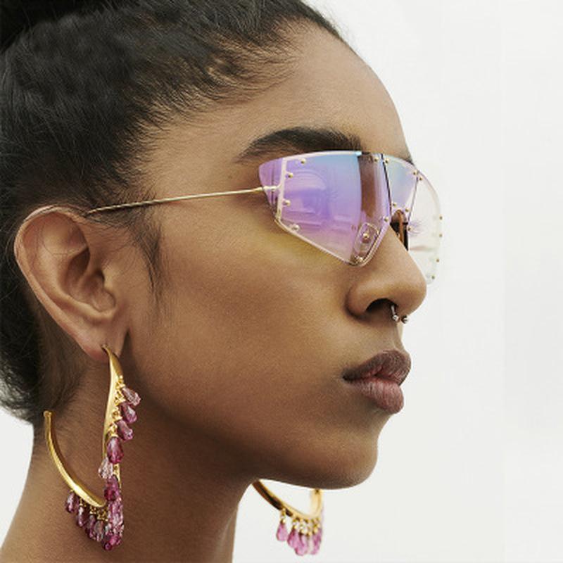 

Sunglasses Vintage Cat Eye Women Luxury One Piece Irregular Mirror Pink Lens Rivet Glasses Men Eyewear UV400 Trends