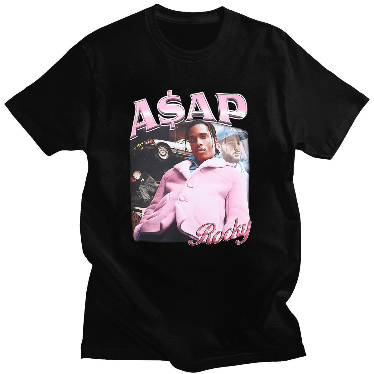 

2022 New ASAP Rocky Portrait Graphic Aesthetics T-shirts Hip Hop Cotton Short Sleeve Loose Couple T-Shirt Casual Harajuku Tshirt, Black