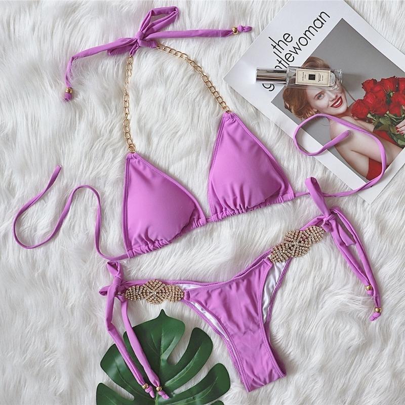 

Women' Swimwear Sexy Solid Brazilian Bikini Set Women Rhinestone Swimsuit Metal Chain Low Waist Swimming Suits For Bathing SuitWomen, Black