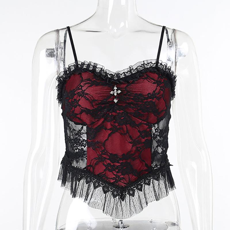

Women' Tanks & Camis Women Fashion Sexy Lace See Through Camisoles Crop Tops Ruffles Mesh Patchwork Cross Halter Backless Vest Top Moto Clu, Red
