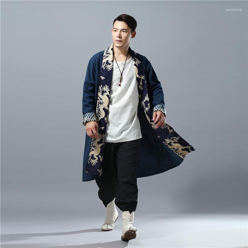 

Men's Trench Coats LZJN Spring Autumn Mens Coat Hit Color Dragon Casual Capes Flax Cardigan Windbreaker Long Tranchee Manteau Hommes Kend22, Black
