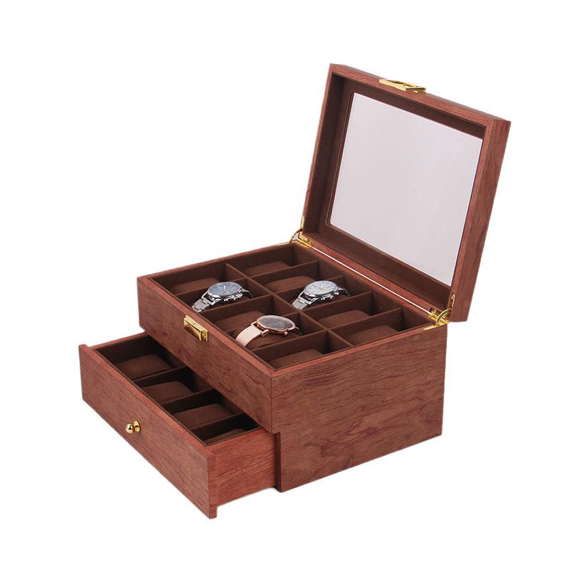 

Jewelry Pouches Bags Grids Retro Red Wooden Watch Display Case Durable Packaging Holder Double-Deck Collection Storage Organizer BoxJewelry