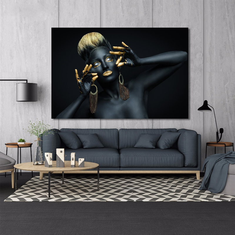 

African Nude Woman Indian Black and Golded Oil Painting on Canvas Posters and Prints Wall Art Picture for Living Room Home Decor