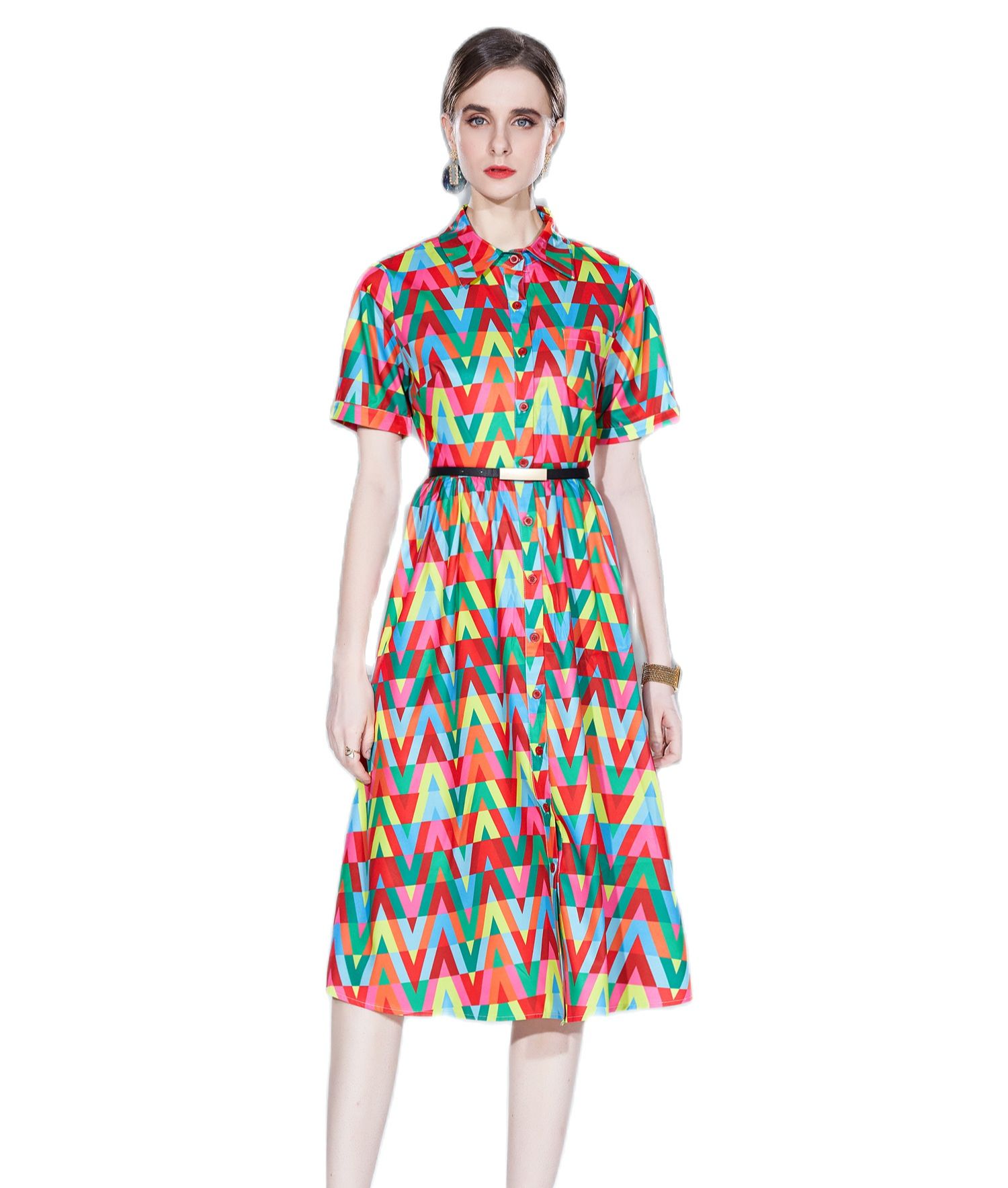 

Summer Rainbow Striped Button Shirt Dress Short Sleeve Woman Designer Milan Style Casual Loose Big Swing Dresses 2022 Women Runway Lapel Slim Midi Frock With Belt