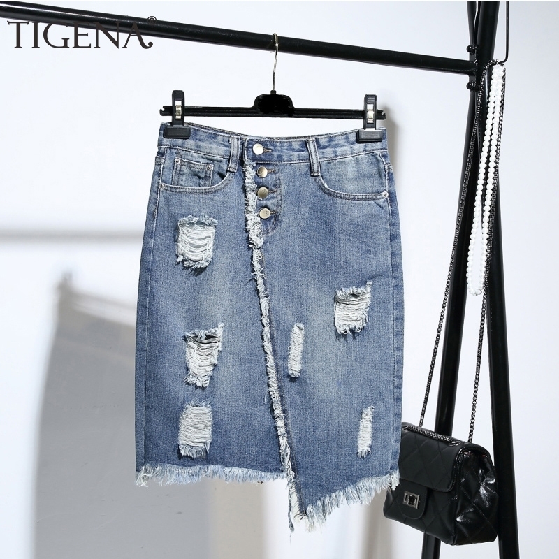 

TIGENA Plus Size Fashion Midi Denim Skirt Women Summer Light Blue Hole Ripped Jeans Skirt Female Button Tassel School Skirt Y200326