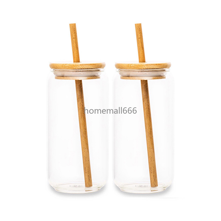 

Reusable Eco-friendly 12oz 16oz 500ml Large Cola Beer Drinking Borosilicate Glass Can Cup with Bamboo Lid and Straw AA, Clear