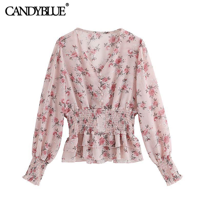 

Women's Blouses & Shirts Pink Floral Short Chiffon Shirt 2022 Spring Fashion Sweet Lightweight High Waist Stretch Elegant V-neck Lantern Sle, White