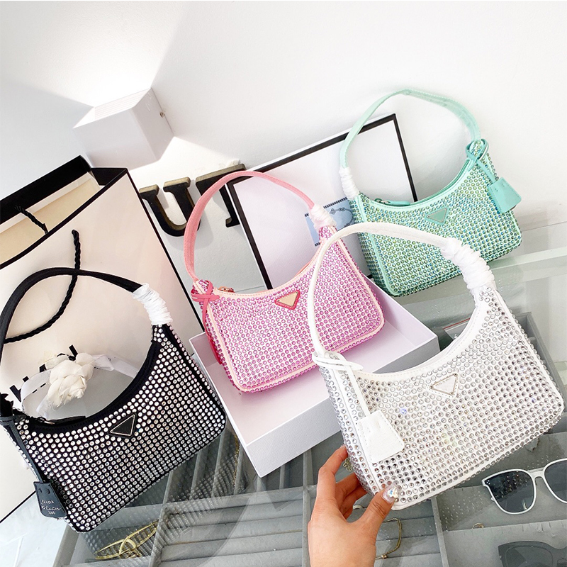 

2022Fashion Luxury Underarm Bag Designer Elegant Women Rhinestone Tote Bag Real High Quality Shoulder Bag With Box, Pink