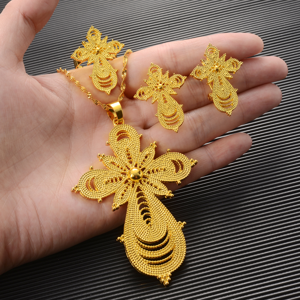 Ethiopian Big Coin Cross Pendant Necklace Earring Ring Jewelry 24k Fine Solid Gold Wide flower type African Eritrea Habesha Sets-image-784027954