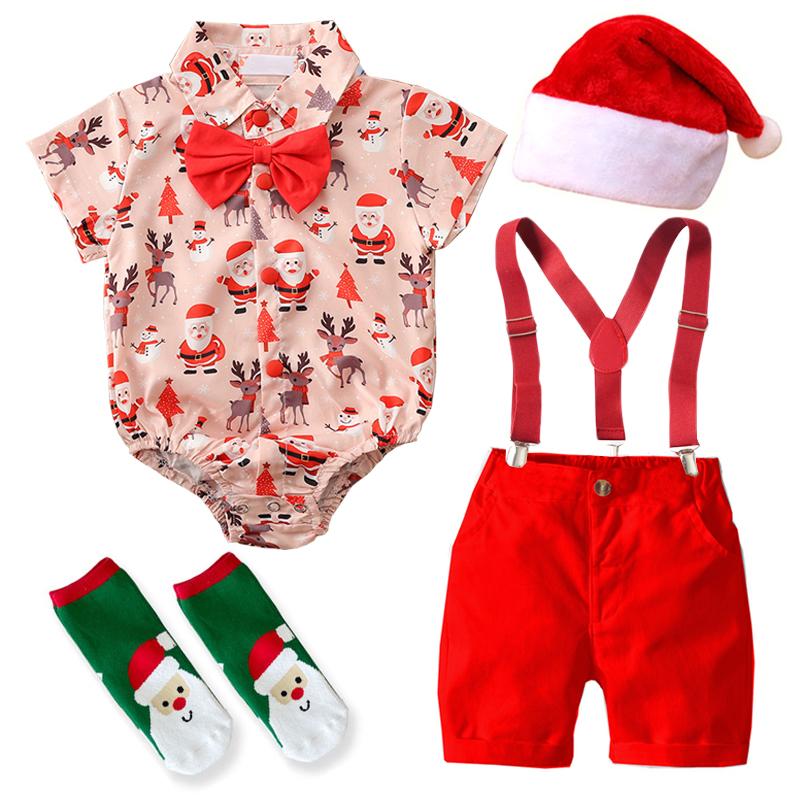 

Clothing Sets Short Sleeve Boys Christmas Clothes Born Baby Printed Set Fashion Romper Pants Hats Socks Outfits For KidsClothing, Red shorts