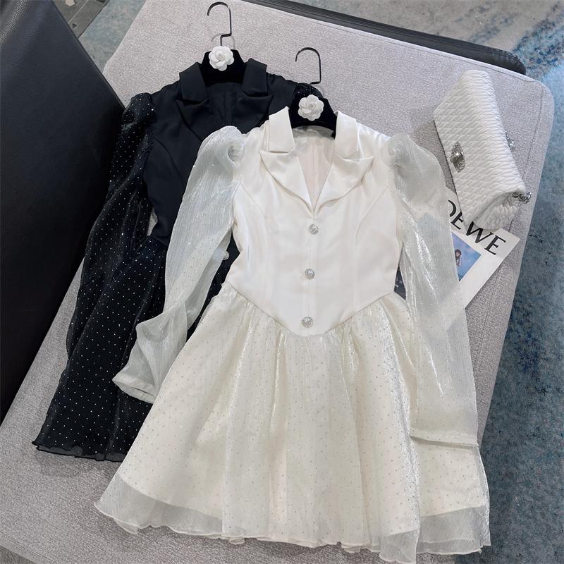 

Casual Dresses 2022 Autumn Long Mesh Fluffy Sleeve Notched Collar Pealrs Buttons Polka Dot High Waist Short Dress Women GG171Casual, Black