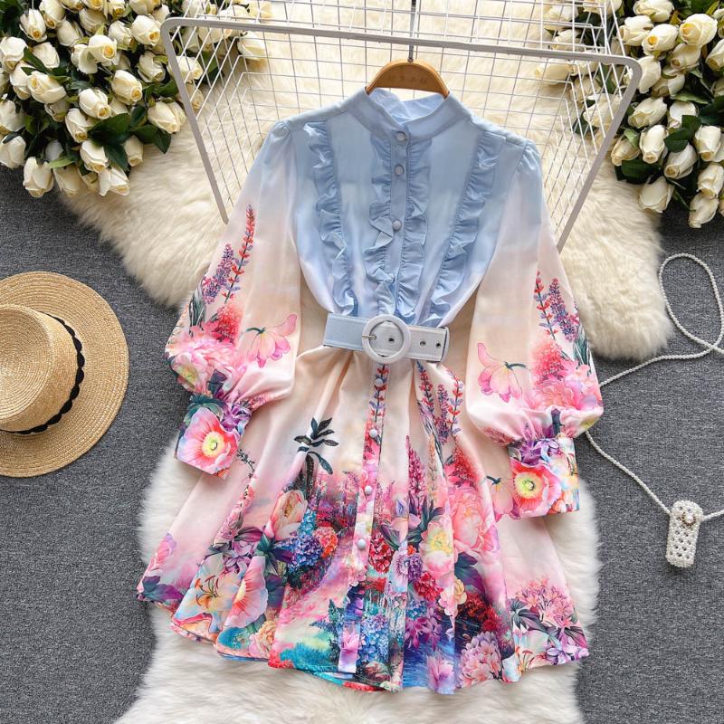 

Casual Dresses Autumn Elegant Gradien Flower Print Short Dress Women' Stand Neck Long Lantern Sleeve Ruffles Buttons Sashes VestidosCas, As picture