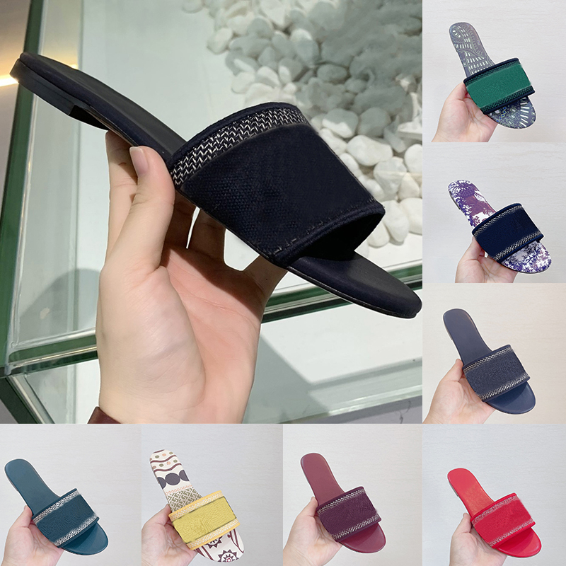 

With Box Dust Bag Sandals Floral Flats Designer Slides Low Heels Dazzling Letters Sandals For Womens Big Size 35-41 Woman Summer Sandal Cotton Fabric Embroidery