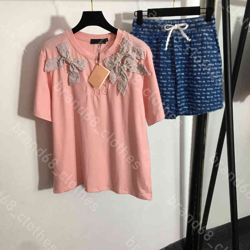 

summer designer women two piece pants tracksuit luxury mi..umiu cotton t shirts logo shorts brand pearl bow short sleeve tee XXL oversize top female Apparel b1, 15