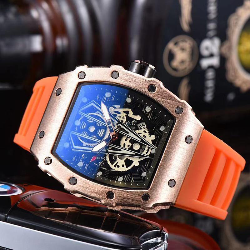 

Wristwatches Fashion Tonneau Watch Men Quartz Creative Stainless Steel Case Gear Military Sports Rubber Silicone Strap Clock, 638561892765-19