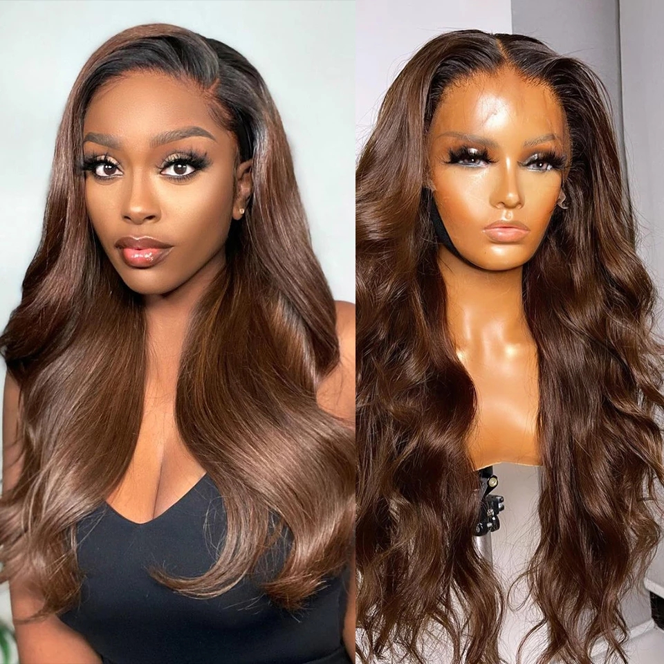 

Brown 360 HD Glueless Frontal wig Body Wave 13x4 Lace Front Human Hair Wig Transparent Brazilian Remy Loose Ombre Chocolate Ginger 150% density, Ombre color