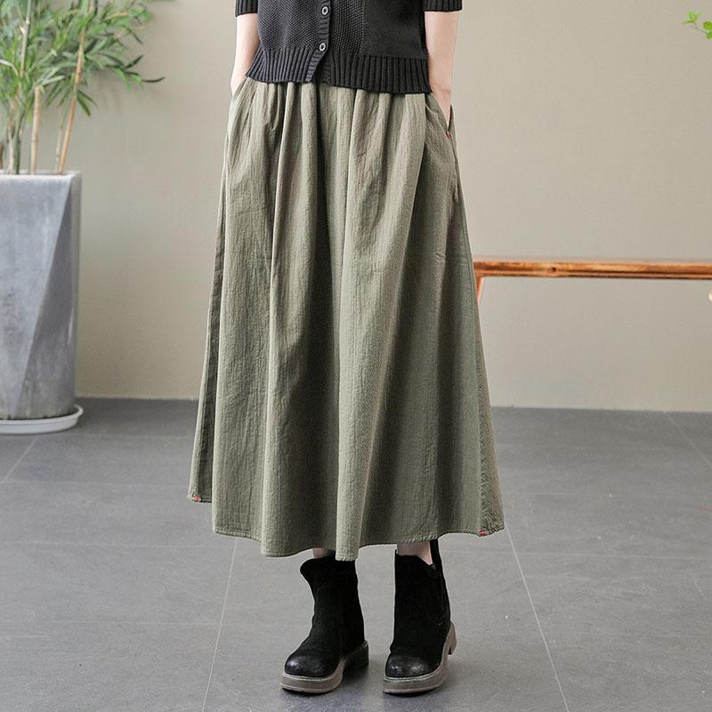 

Skirts WONDERLAND 2022 Autumn Cotton A-line Pleated Midi Skirt Vintage Women Elastic Waist Solid Color Casual Mori GirlsSkirts, Black