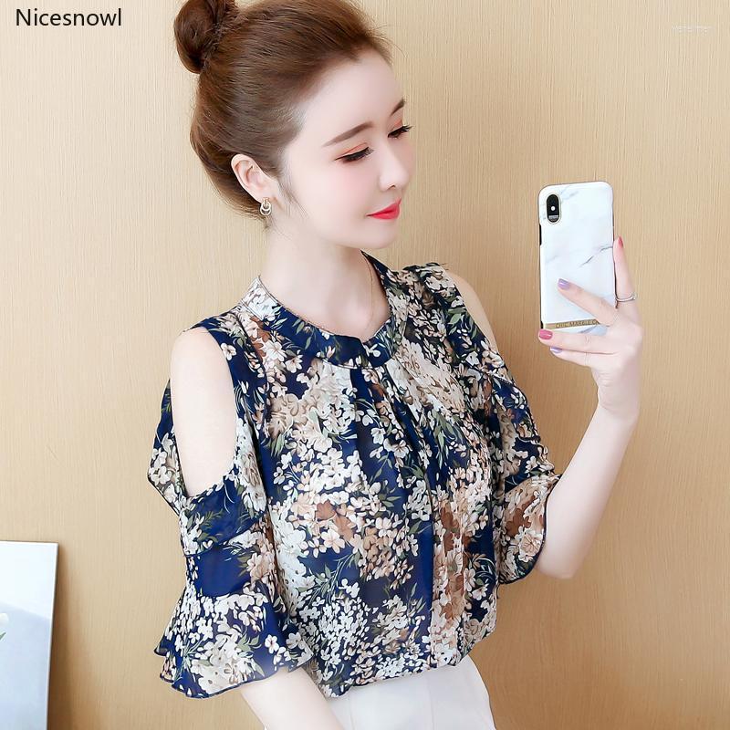

Women' Blouses & Shirts Korean Loose Women' Clothing Print Off Shoulder Blusas Hollow Out Chiffon Sweet Summer Style Womens Tops And V, Pink