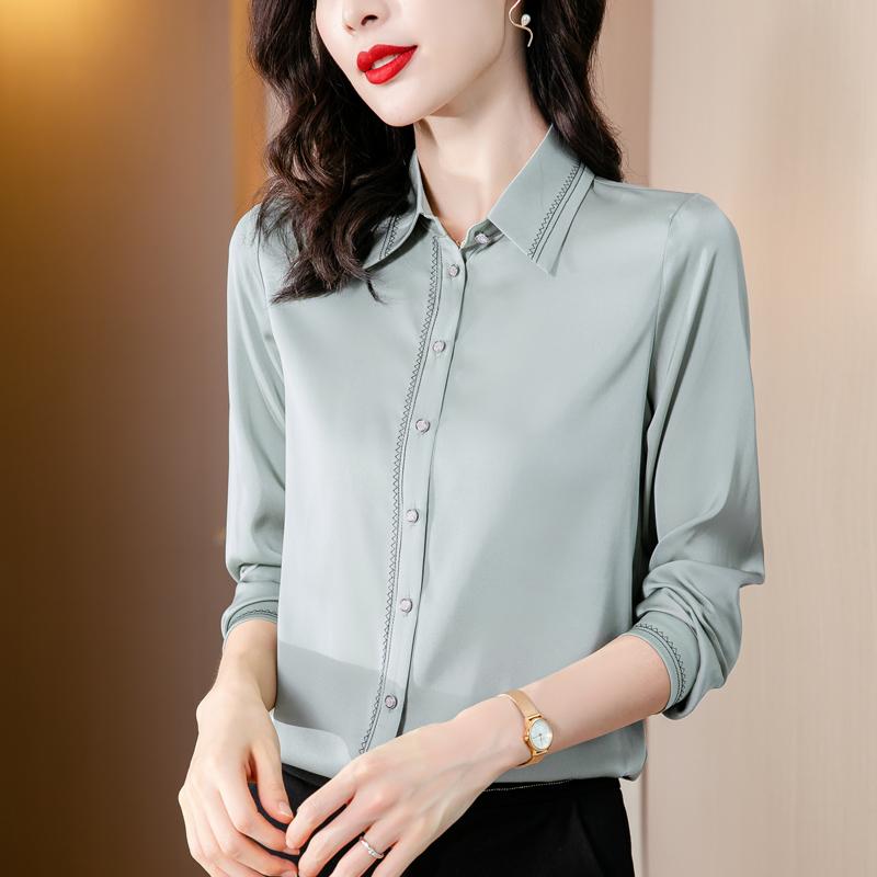 

Women's Blouses & Shirts Fashion Spring Cardigan Solid Color Long Sleeve Embroidery Button Shape Bright Line Decoration Tenafeicc, Green