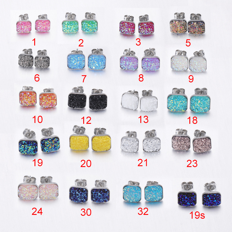 

10mm Square Stainless Steel Stud Resin Druzy Drusy Earrings Handmade Stud for Women Jewelry Men