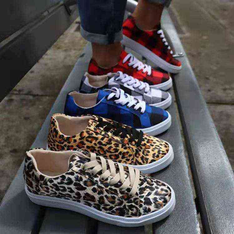 

Dress Shoes Sneakers Board Shoes Casual Women Flat Bottom Leopard Canvas Shoes Low Top Plaid Front Lace Up 220721, Red