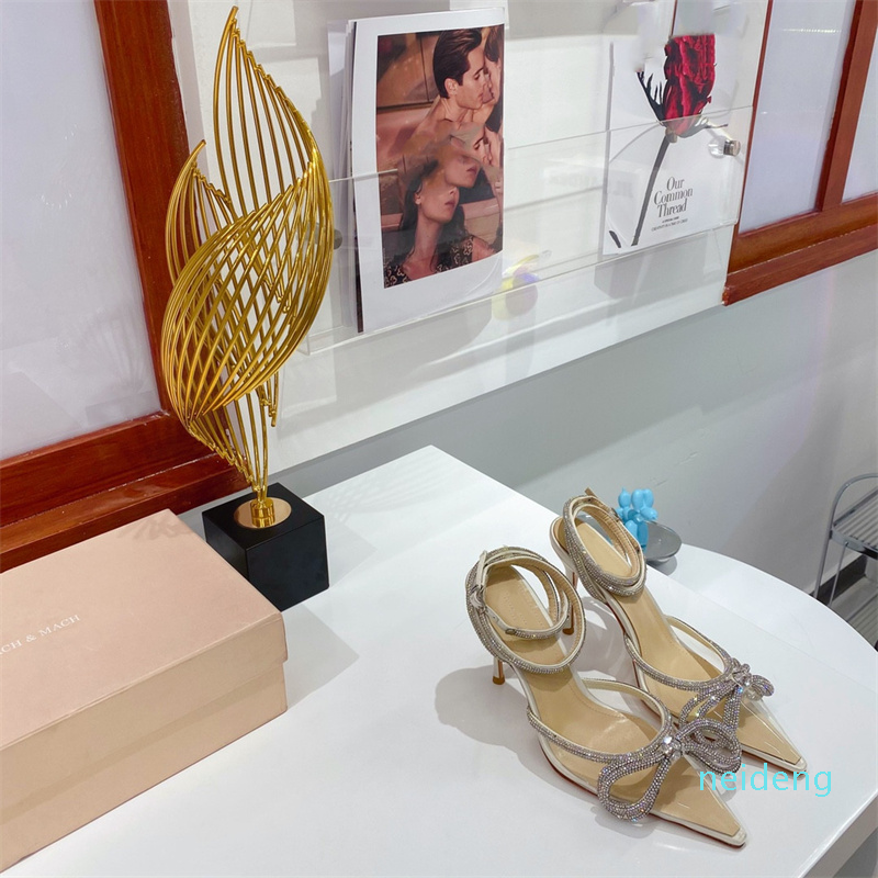 

2022 New High Quality Designer Party Dress Shoes Bride Ladies Fashion Sexy Pointed Toe Versatile Transparent Rhinestone Bow High Heels t552, Clear