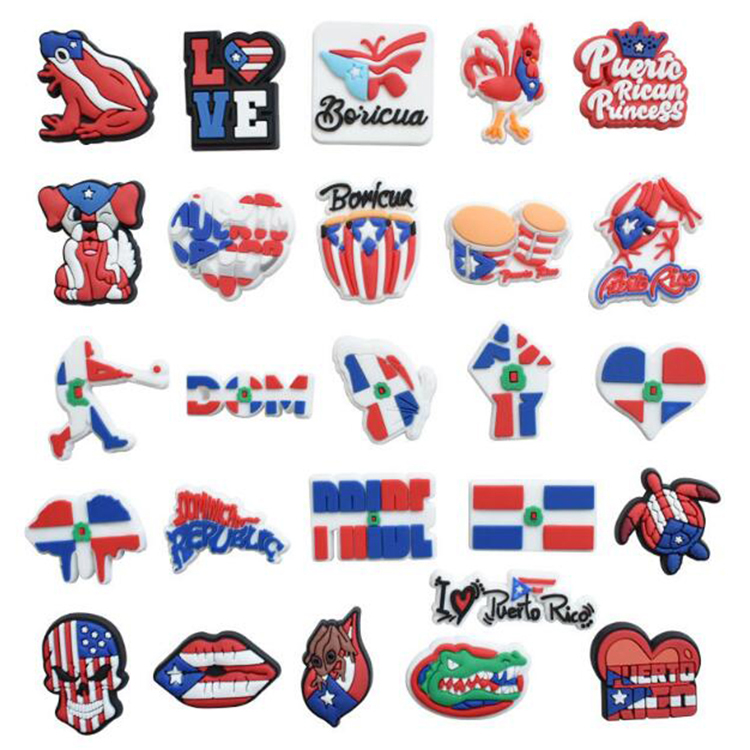 

Fast delivery 100pcs/set Custom Puerto Rico Croc Charms Anime Cartoon Logo PVC Rubber Shoe Charms for Decoration Accessories
