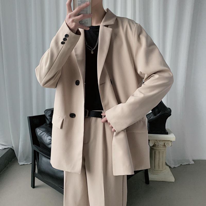 

Men's Tracksuits 2022 Spring And Autumn Youth Double-breasted Solid Color Suit Male Ins Loose Khaki / Black -XL