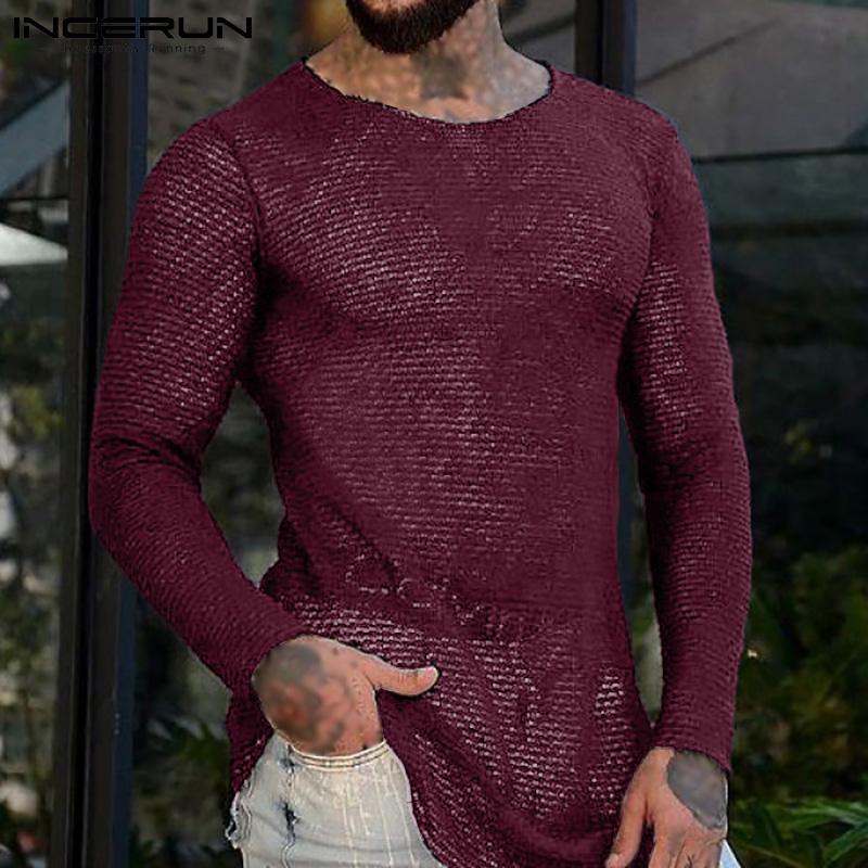

Men' T-Shirts Men Sexy Leisure Shirts Mesh Hollow-out INCERUN Summer Casual Knitted Round Neck Solid Color Long-sleeved T-shirt -5XLMen, Black