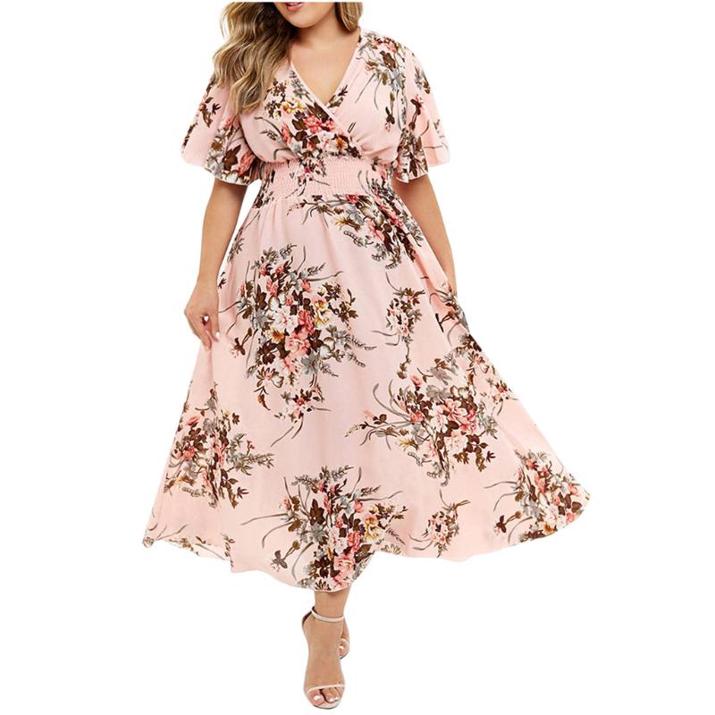 

Plus Size Dresses Dress Women Floral Printed V-neck Casual Short Sleeve Vestidos Largos Vestido Mujer Zomerjurk Damesw, Navy blue
