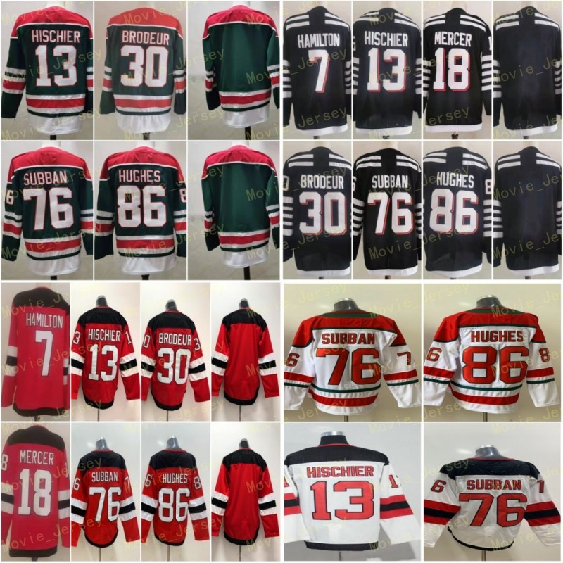 

Men Hockey 13 Nico Hischier Jersey 7 Dougie Hamilton 30 Martin Brodeur 76 PK Subban 86 Jack Hughes 9 Taylor Hall 18 Dawson Mercer Reverse Retro Green Red Alternate Black