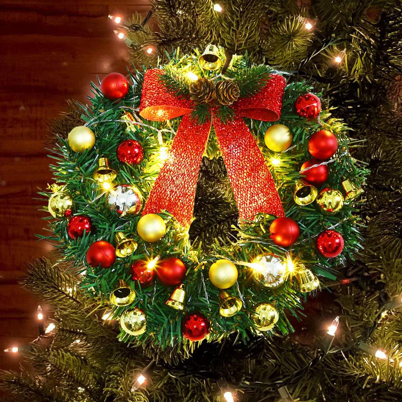 

Decorative Flowers & Wreaths Christmas Wreath Led Night With Bow Decoration Door Hanging Rattan Ornament Garland Xmas Decorations Home Decor, Beige