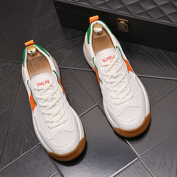 

Italy Classic Business Wedding Dress Party Shoes Fashion White Vulcanized Mesh Breathable Casual Sneakers Round Toe Thick Bottom Business Driving Loafers N158, White orange
