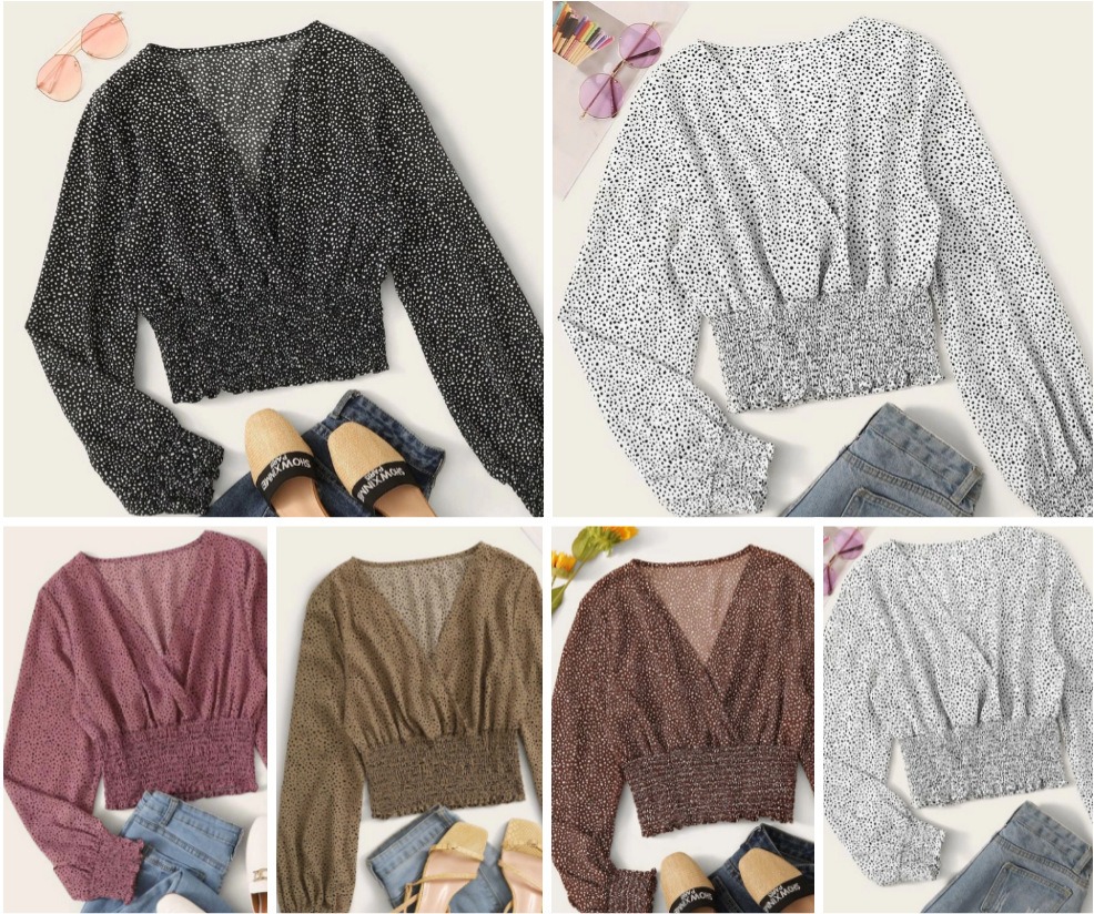 

Women' Blouses Deep V Neck Allover Print Lantern Sleeve Crop Top B5Z0#, Black