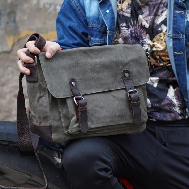 

Briefcases Military Vintage Wax Canvas Leather Crossbody Bag Men Shoulder Waterproof Travel Satchel Motorcycle Messenger For MenBriefcases, Black