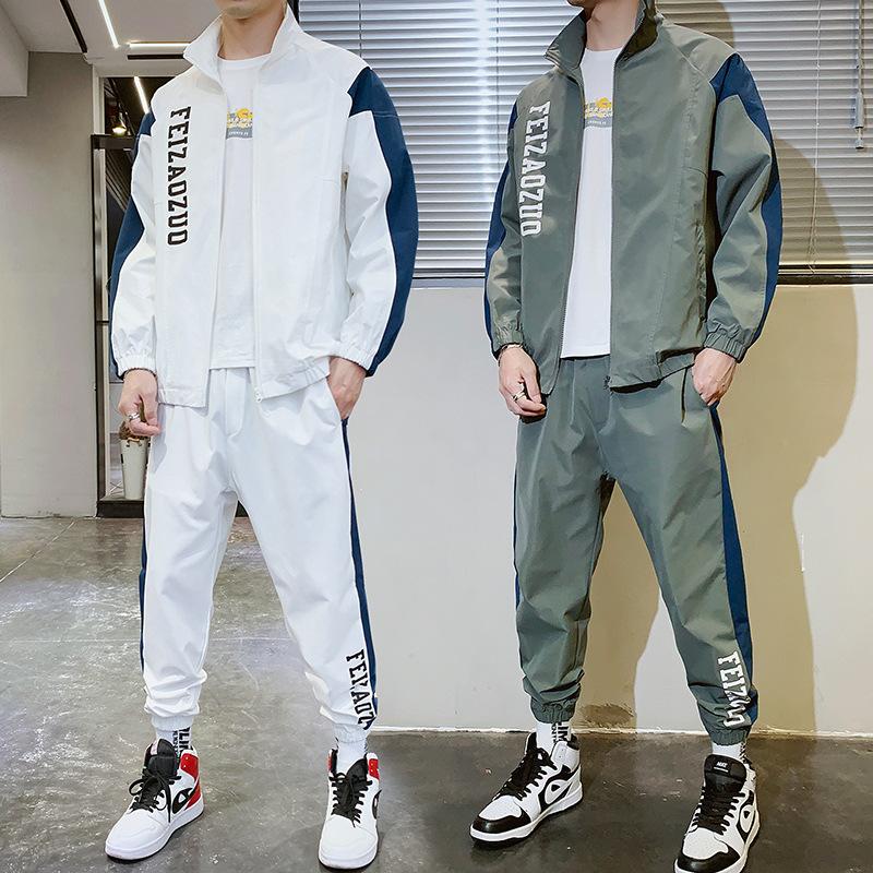 

Men's Tracksuits AmberHear Set Spring Autumn Workwear Sporting Suit Jacket+Pant Male Sweatsuit Hip Hop Two Piece Mens Clothing, White
